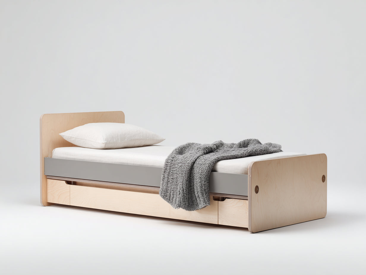 Lit simple - Bois MDF - 200x90x80 cm - Bois clair-Gris - Moderne minimaliste avec rangement
