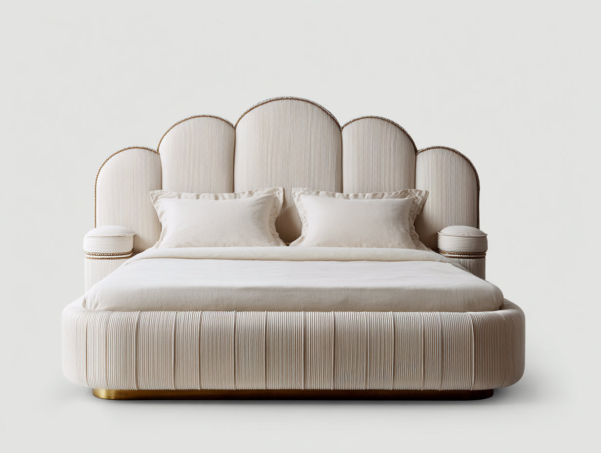 Lit double-Tissu-Bois-210x180x140 cm-Beige ivoire-Style art déco moderne