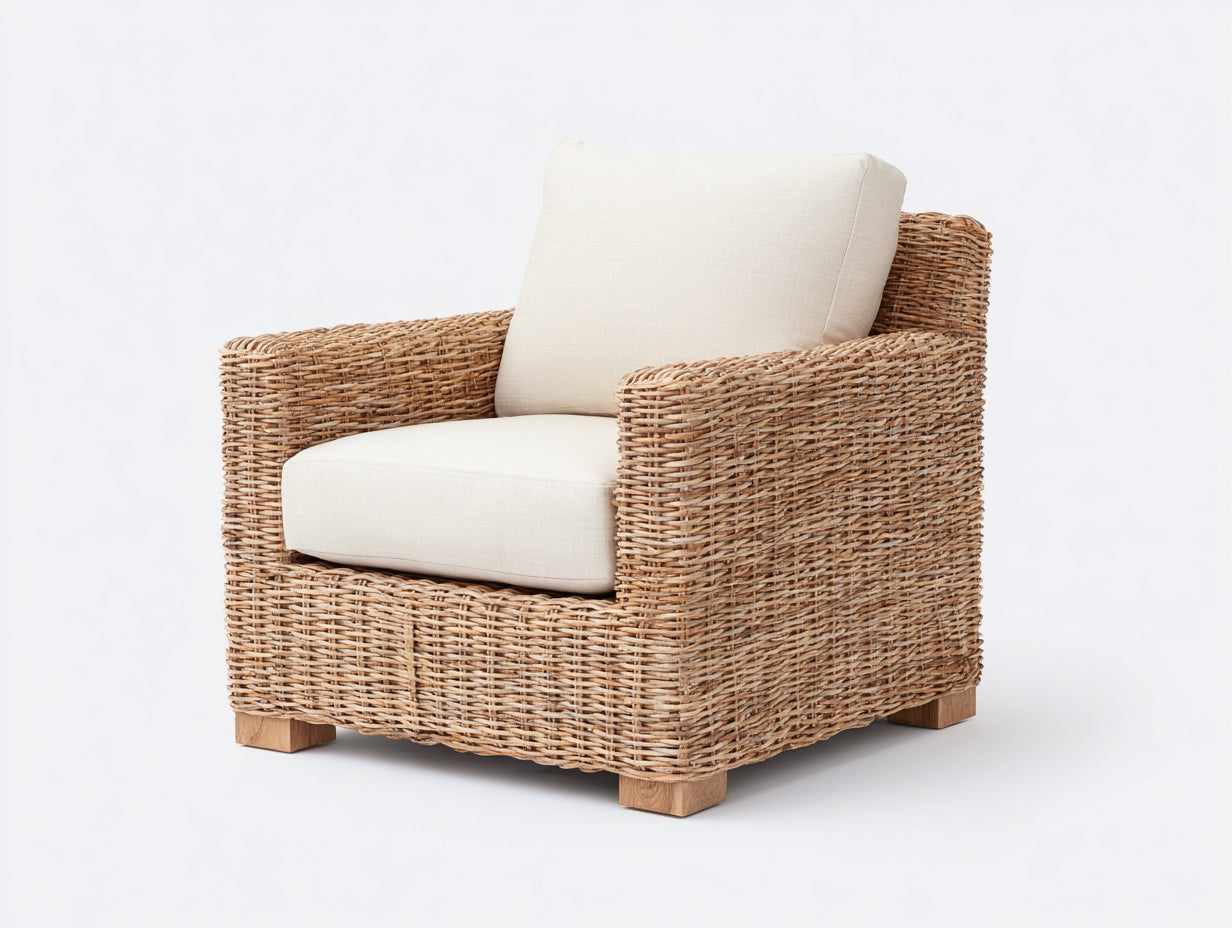 Fauteuil de jardin - Résine tressée-bois-tissu - 84x83x86 cm - Beige naturel-Blanc cassé - Contemporain