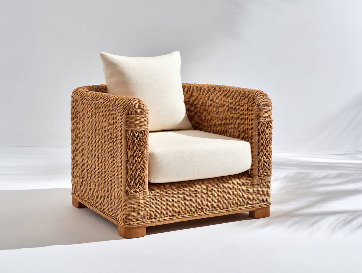 Fauteuil de jardin - Résine tressée-Tissu-Bois - 88x84x87 cm - Marron clair-Beige - Style naturel