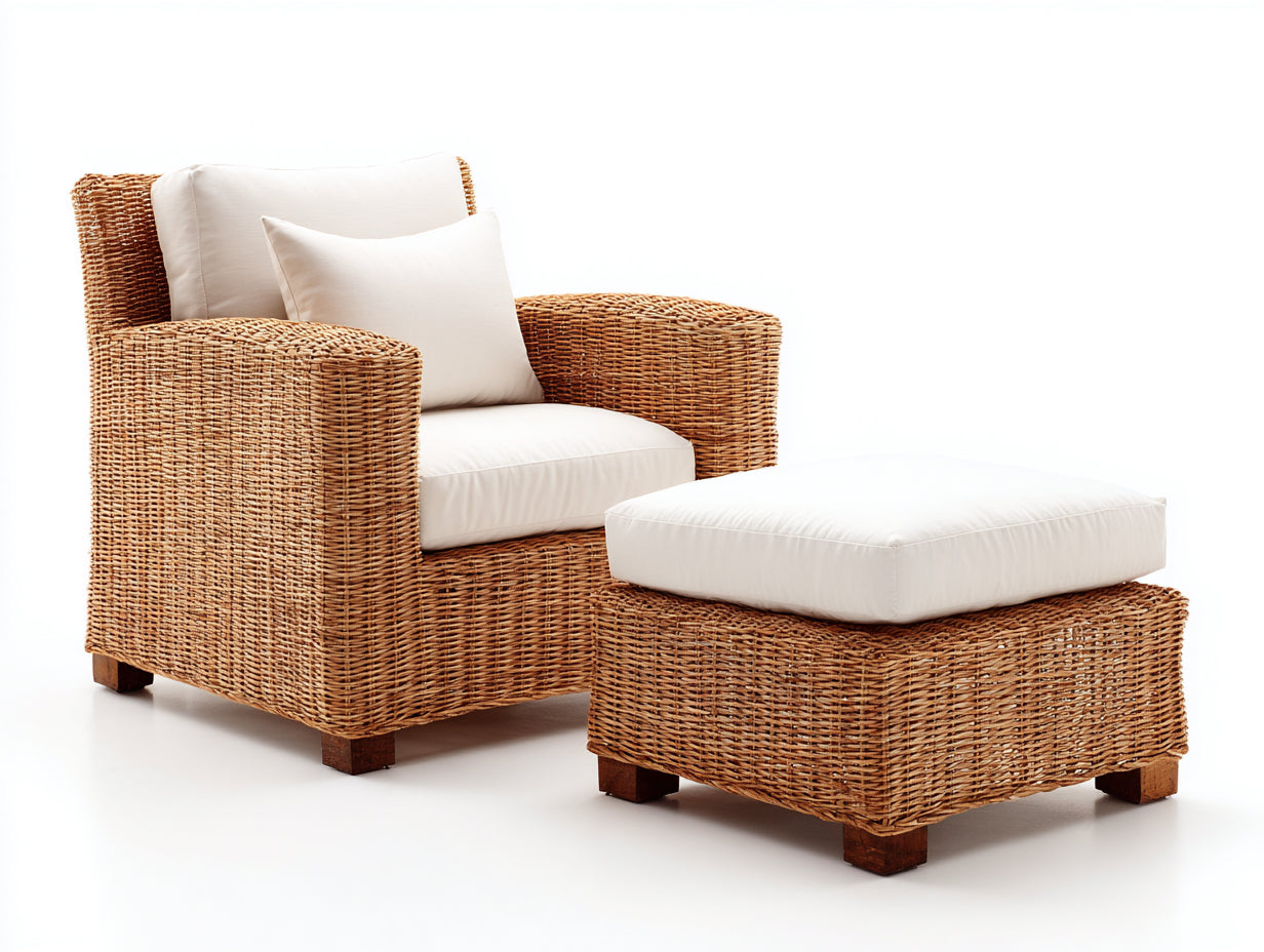 Fauteuil de jardin - Résine tressée-bois-tissu - 86x85x90 cm - Beige naturel-Blanc cassé - Contemporain