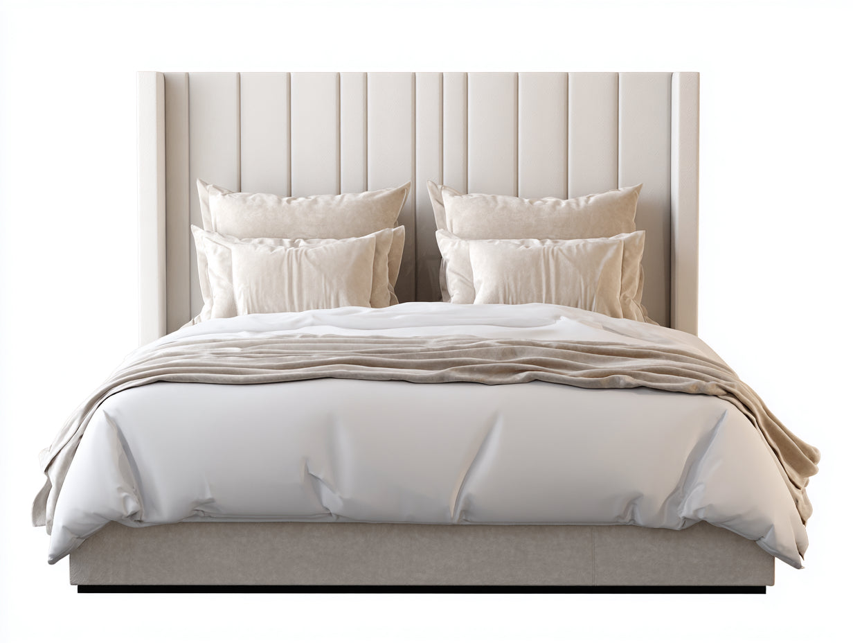 Lit double-Tissu-Bois-210x180x125 cm-Beige clair-Style luxe moderne
