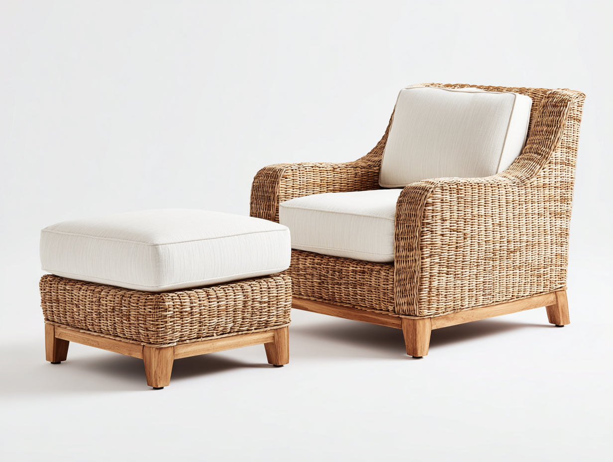 Fauteuil de jardin - Résine tressée-bois-tissu - 86x83x88 cm - Marron naturel-Blanc cassé - Contemporain