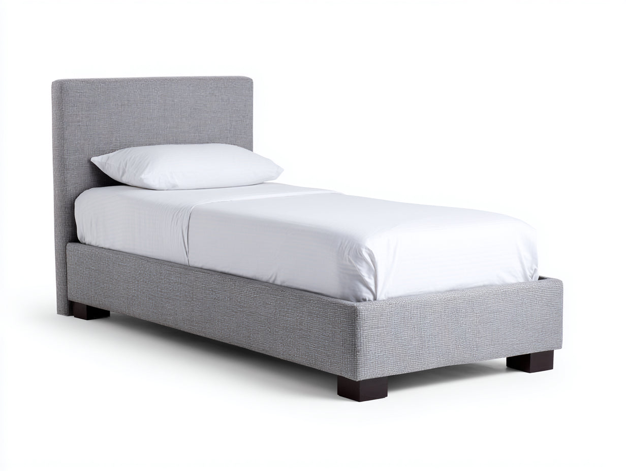 Lit simple - tissu-bois - 205 x 98 x 112 cm - gris-blanc - style contemporain