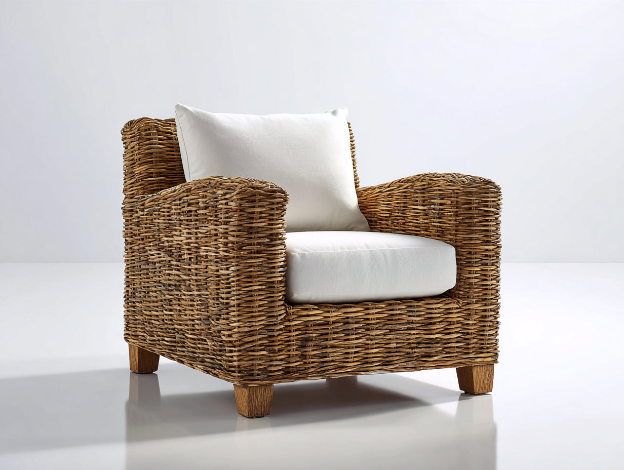 Fauteuil de jardin - Résine tressée-Tissu-Bois - 89x85x86 cm - Marron naturel-Beige - Style naturel
