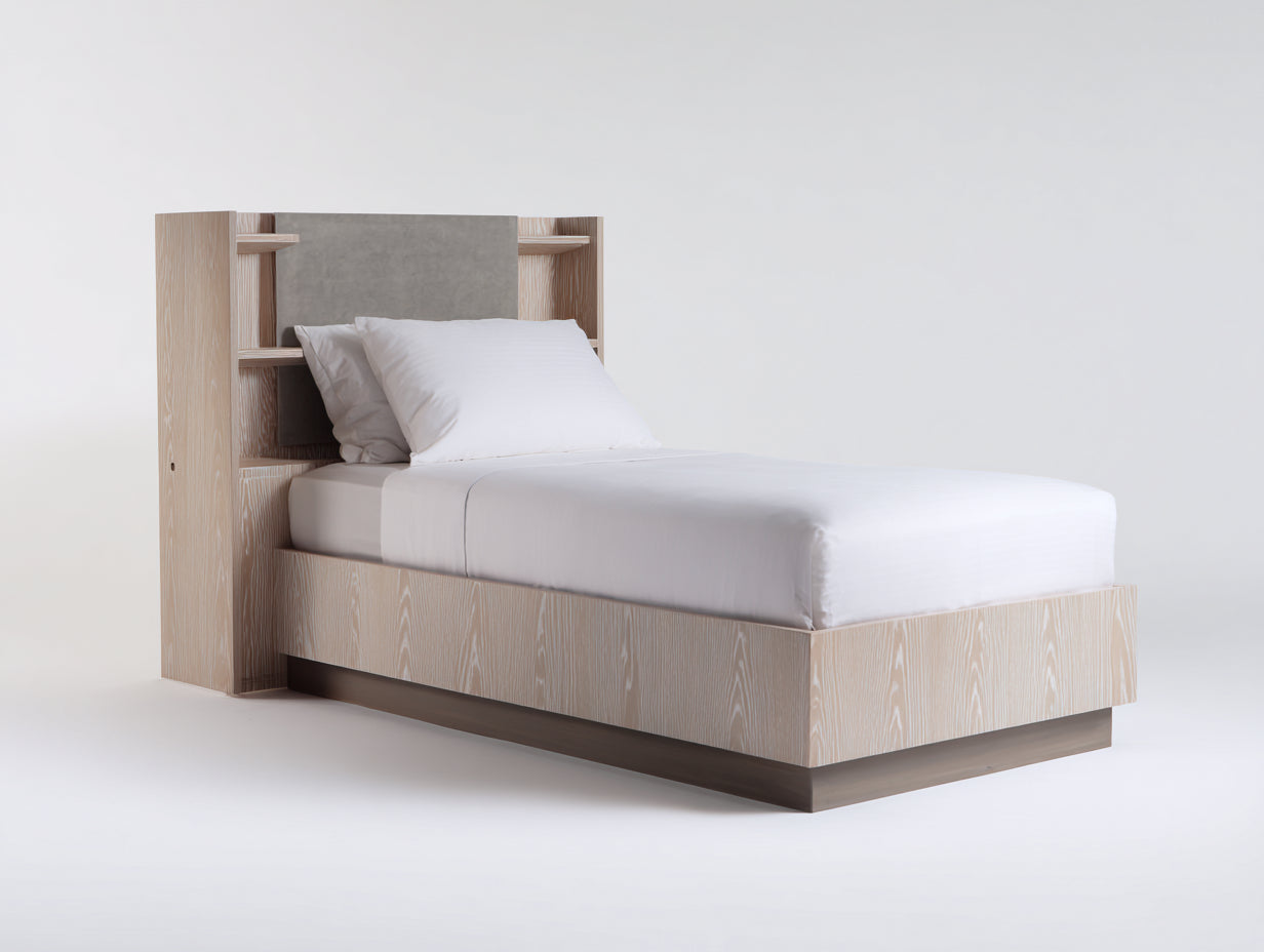 Lit simple - bois - 206 x 104 x 122 cm - bois clair-gris-blanc - style contemporain