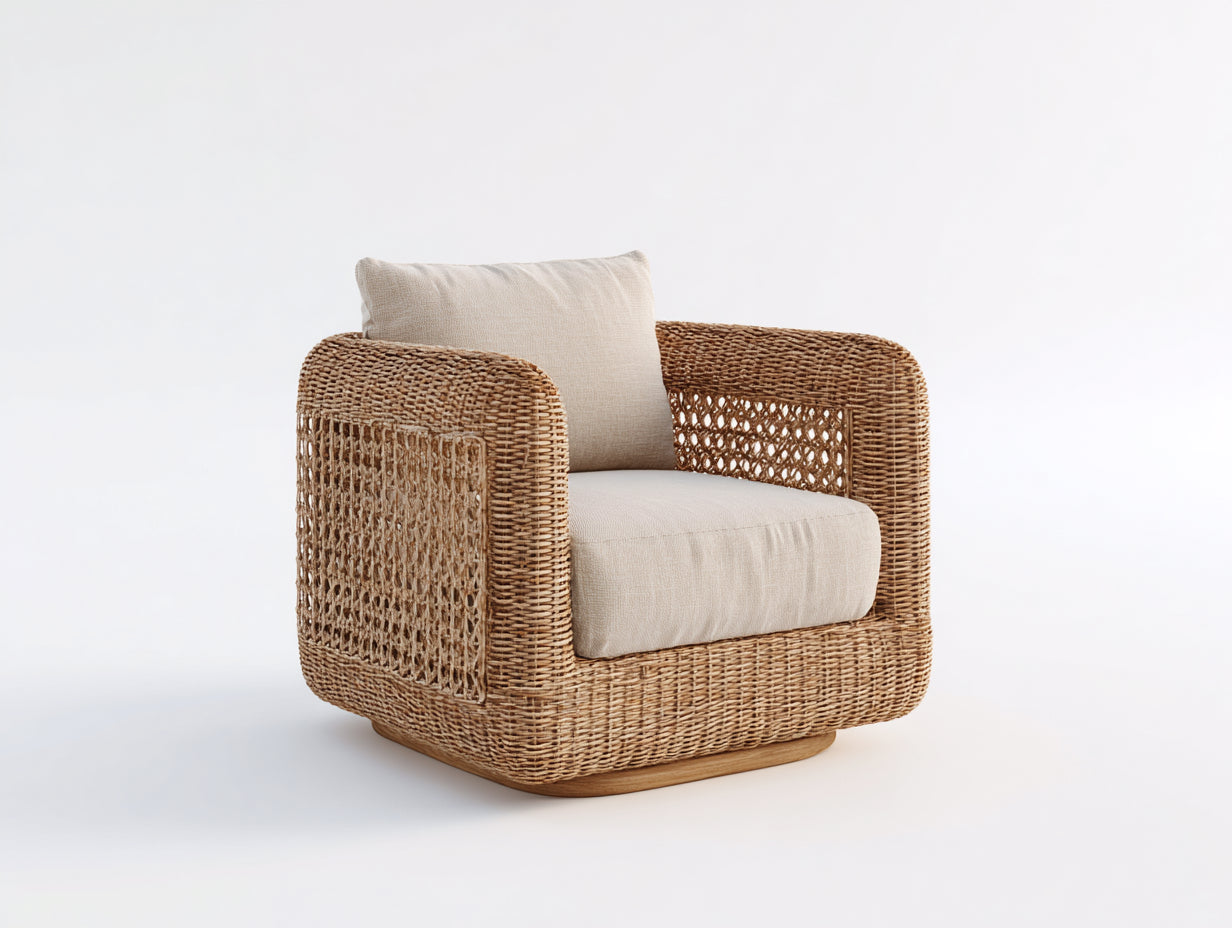 Fauteuil de jardin - Résine tressée-bois-tissu - 83x81x78 cm - Beige naturel-Beige clair - Contemporain