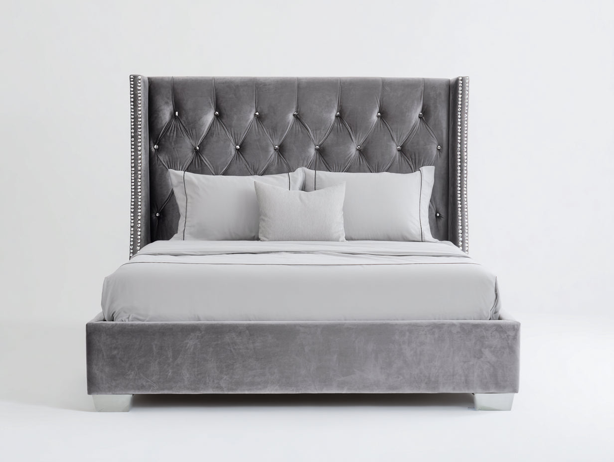 Lit double-Velours-Bois-215x185x130 cm-Gris-Style capitonné luxe