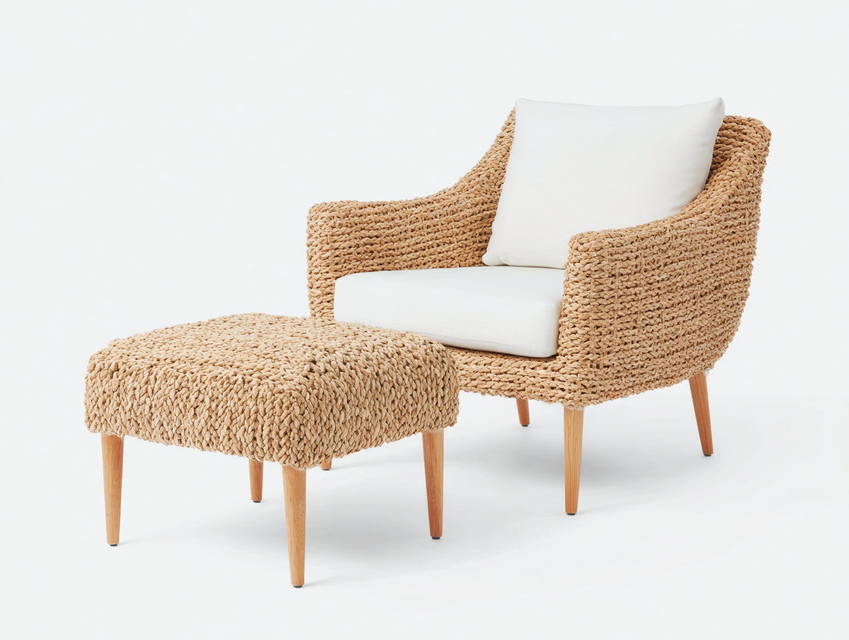 Fauteuil de jardin - Résine tressée-bois-tissu - 89x85x87 cm - Beige naturel-Blanc - Contemporain