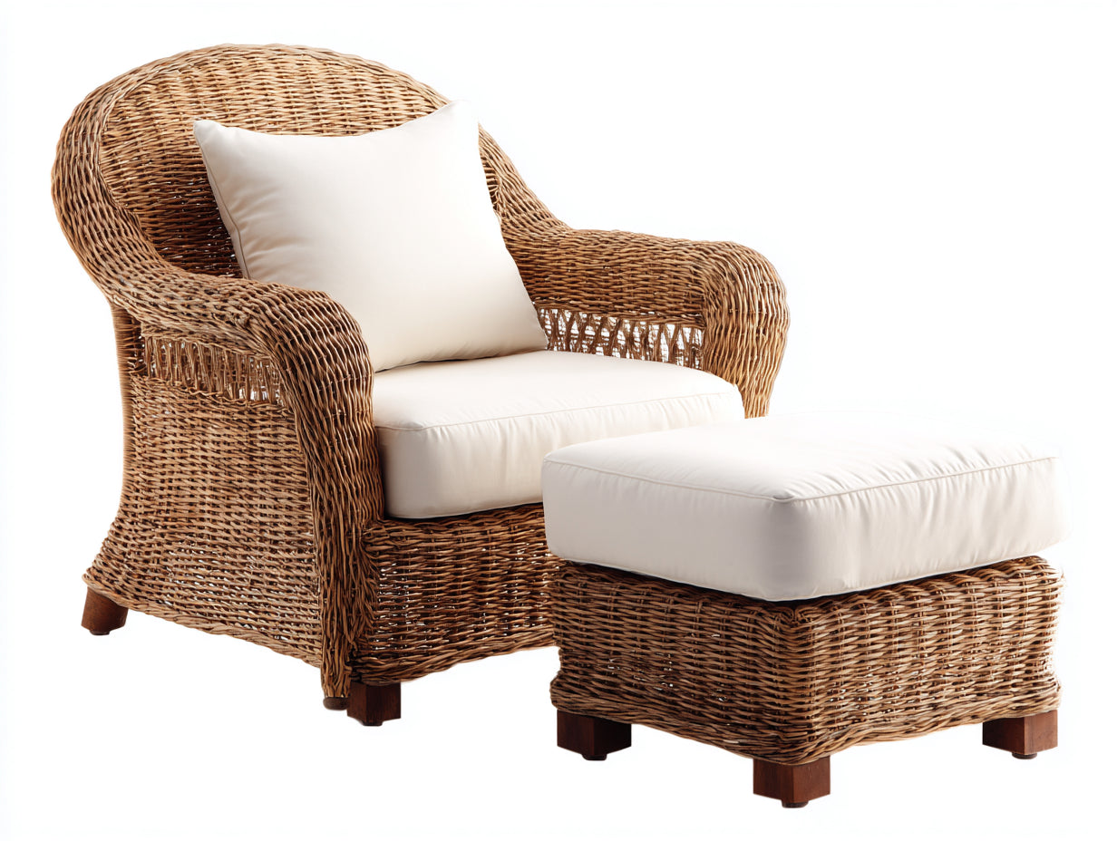 Fauteuil de jardin - Résine tressée-bois-tissu - 82x84x91 cm - Beige naturel-Blanc cassé - Contemporain