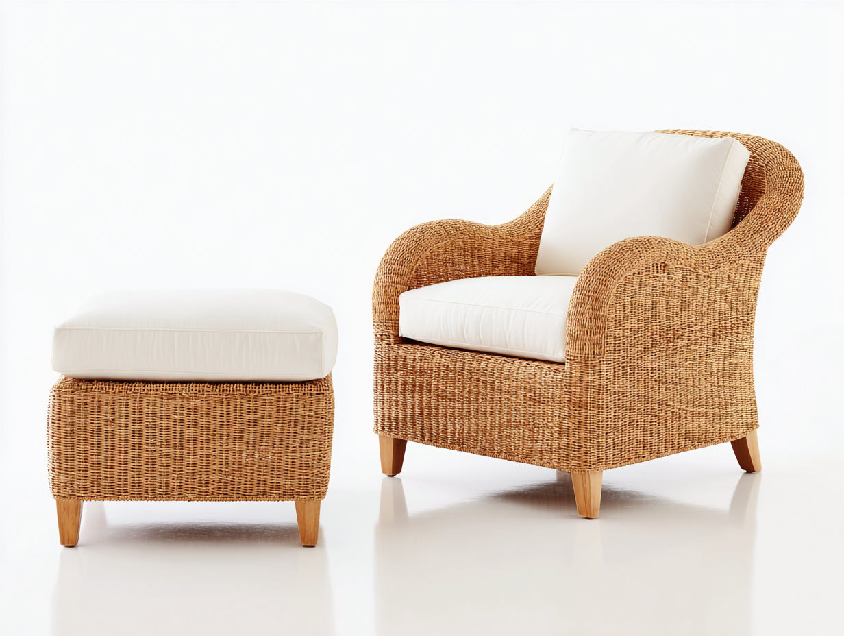 Fauteuil de jardin - Résine tressée-bois-tissu - 87x84x91 cm - Marron naturel-Blanc - Contemporain
