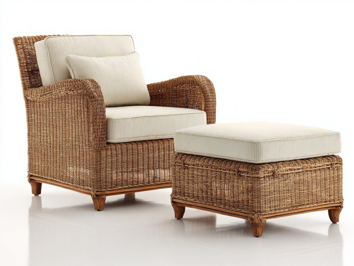 Fauteuil de jardin - Résine tressée-bois-tissu - 84x83x92 cm - Marron naturel-Écru - Classique contemporain