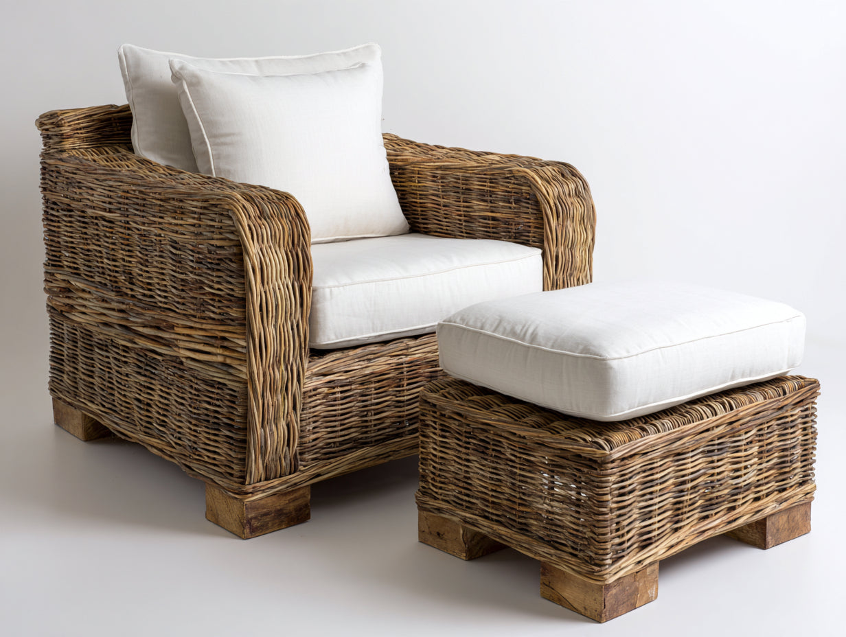 Fauteuil de jardin - Résine tressée-bois-tissu - 85x83x85 cm - Marron naturel-Blanc - Contemporain