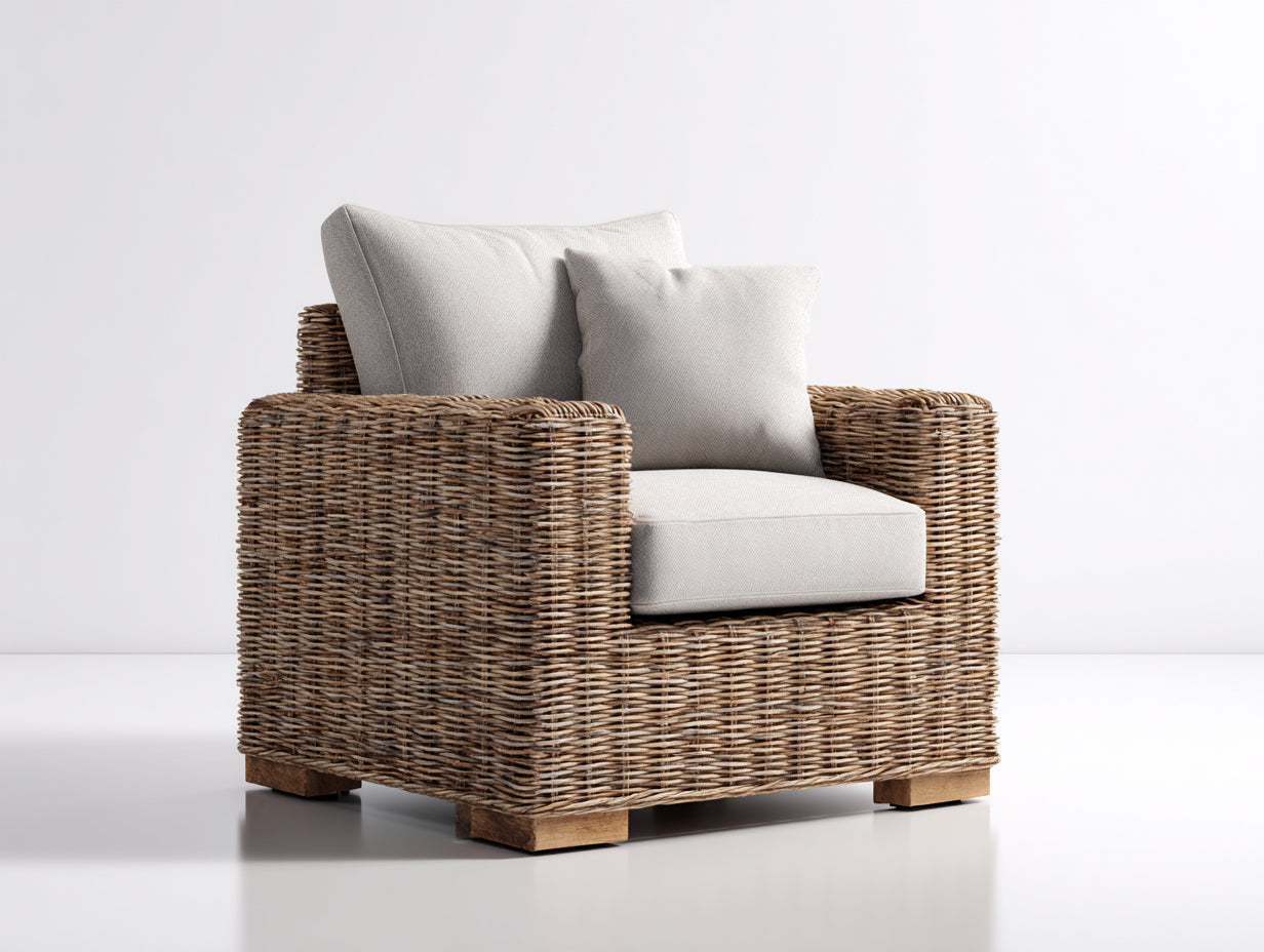 Fauteuil de jardin - Résine tressée-bois-tissu - 86x81x76 cm - Marron naturel-Beige clair - Contemporain