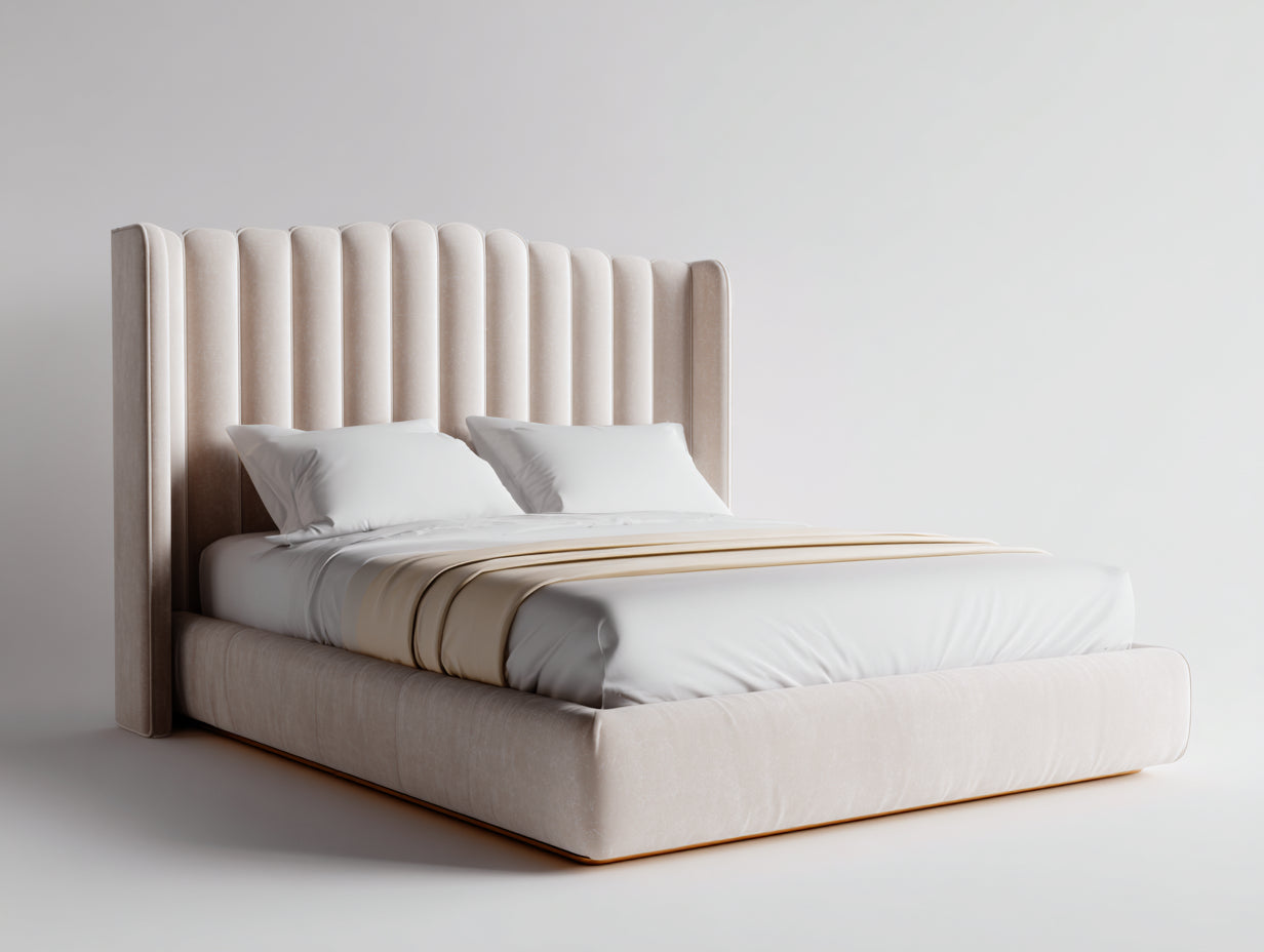 Lit double-Velours-Bois-210x180x135 cm-Beige sable-Design moderne luxe