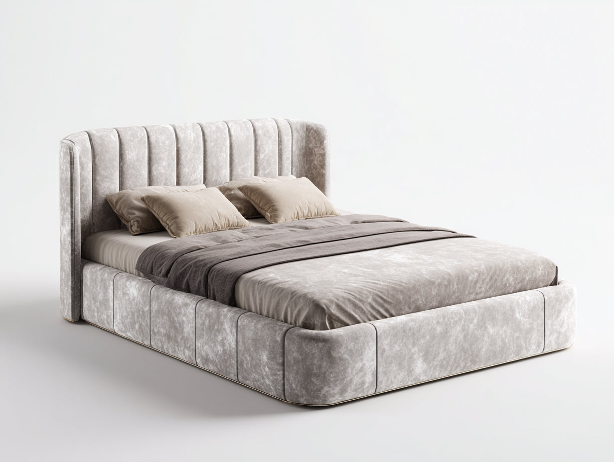 Lit double-Velours-Bois-210x180x130 cm-Beige gris-Style luxe moderne