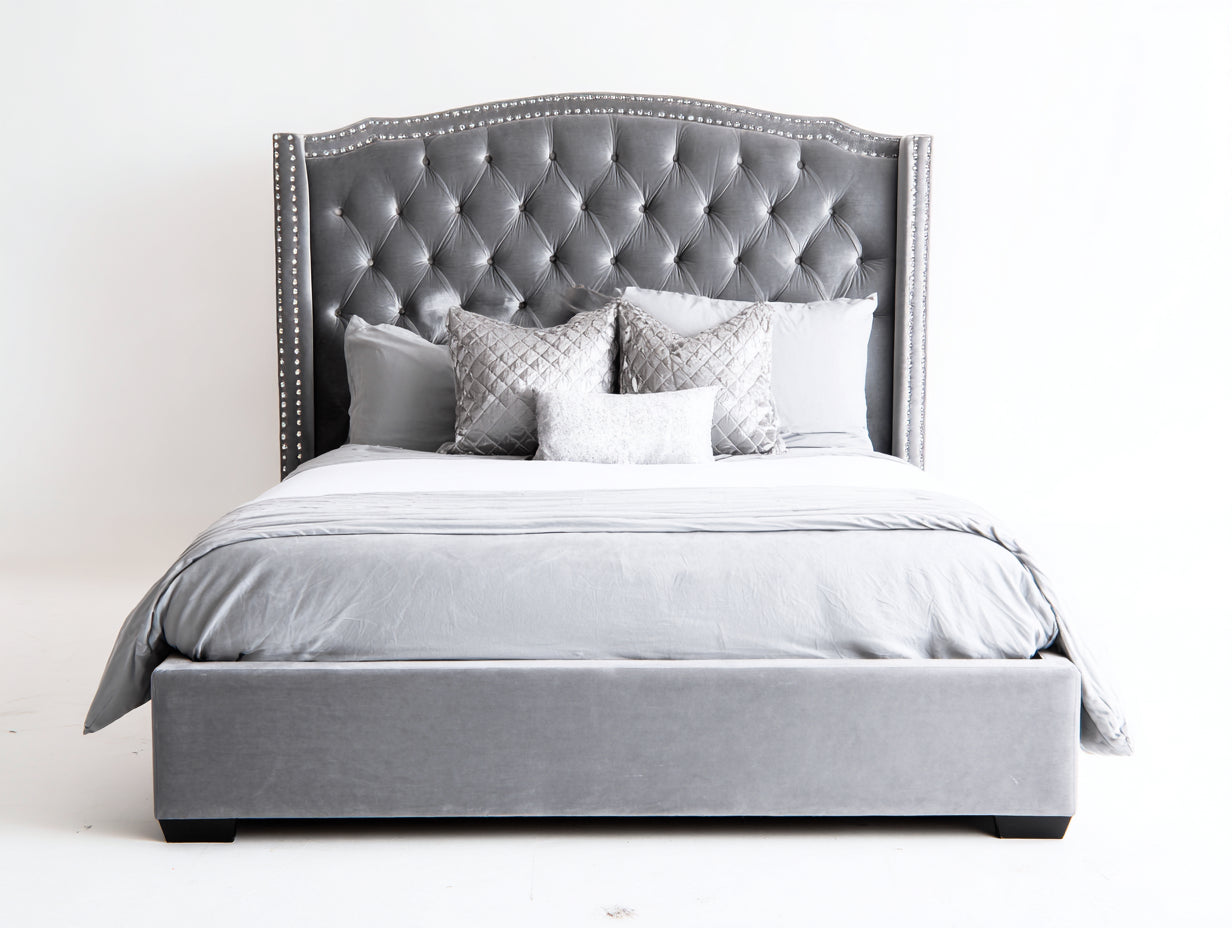 Lit double-Velours-Bois-208x185x132 cm-Gris-Style capitonné luxe moderne