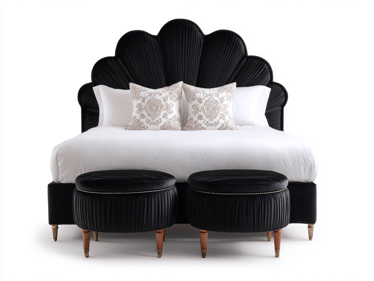 Lit double-Velours-Bois-210x180x135 cm-Noir-Style art déco fleur luxe