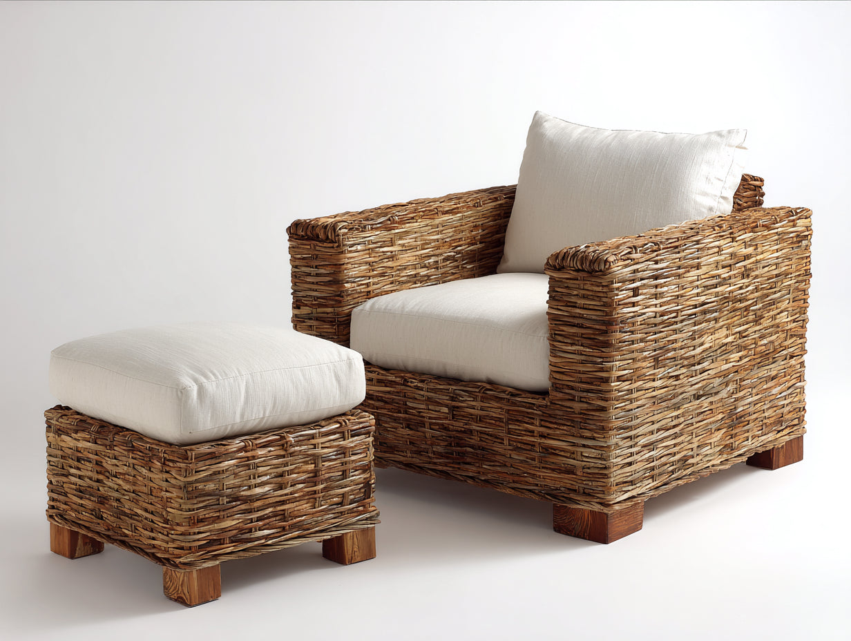 Fauteuil de jardin - Résine tressée-bois-tissu - 86x84x84 cm - Marron naturel-Blanc cassé - Contemporain