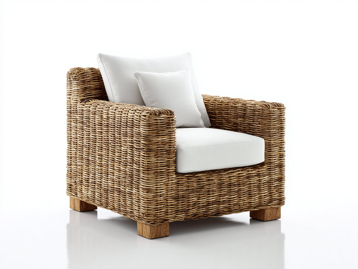 Fauteuil de jardin - Résine tressée-Tissu-Bois - 89x84x88 cm - Marron clair-Blanc cassé - Style naturel