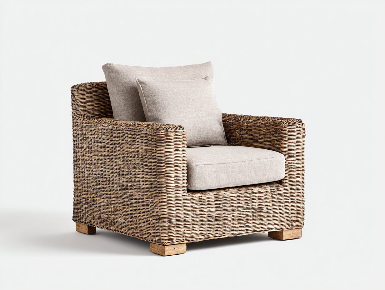 Fauteuil de jardin - Résine tressée-bois-tissu - 84x83x85 cm - Marron naturel-Beige clair - Contemporain