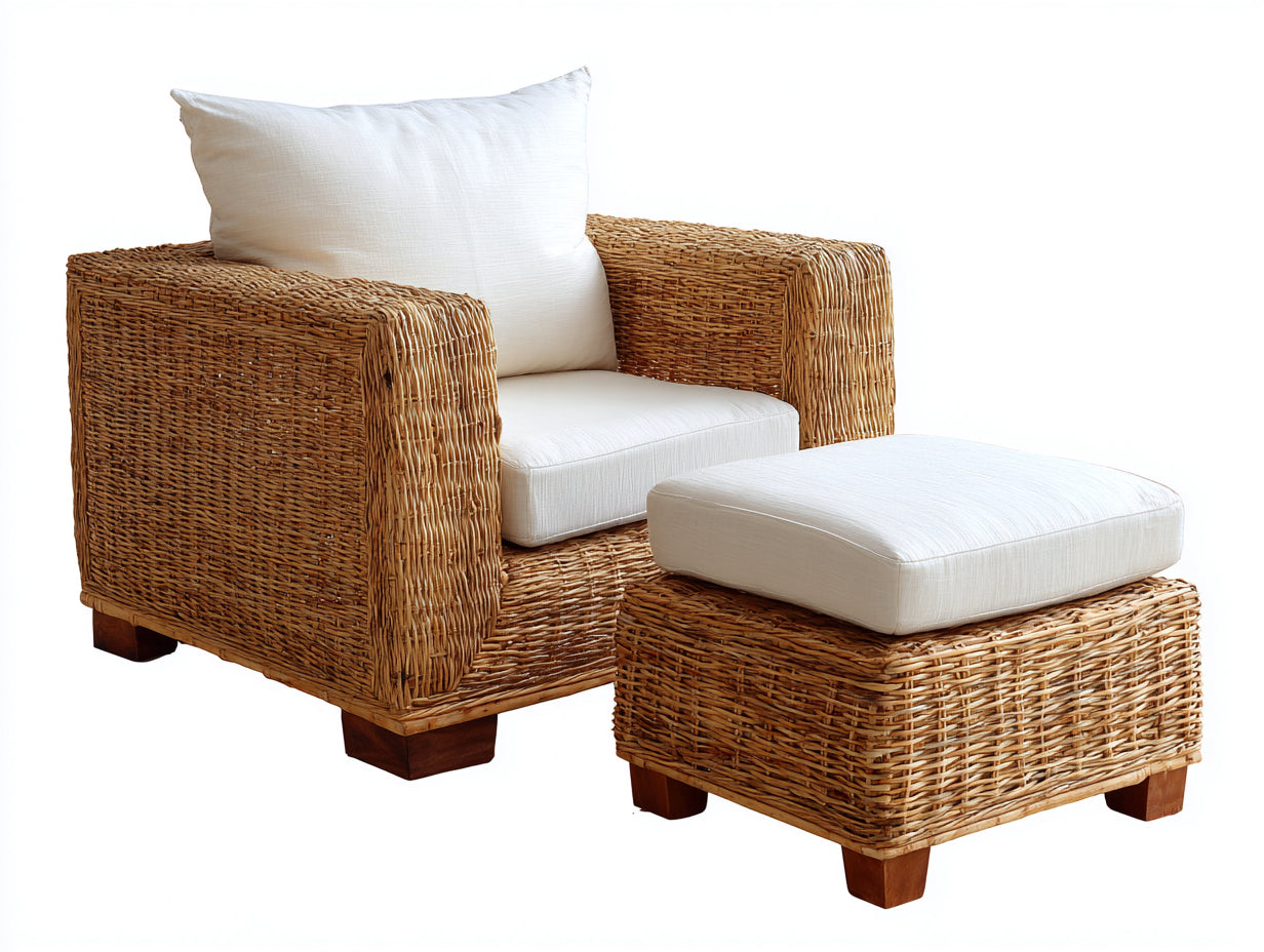 Fauteuil de jardin - Résine tressée-bois-tissu - 85x84x86 cm - Beige naturel-Blanc cassé - Contemporain