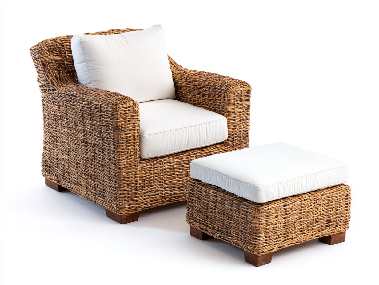 Fauteuil de jardin - Résine tressée-bois-tissu - 83x82x87 cm - Beige naturel-Blanc cassé - Contemporain