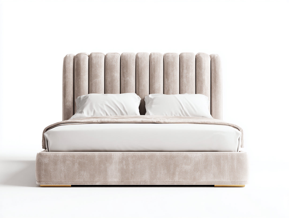 Lit double-Velours-Bois-210x180x125 cm-Beige clair-Design moderne minimaliste