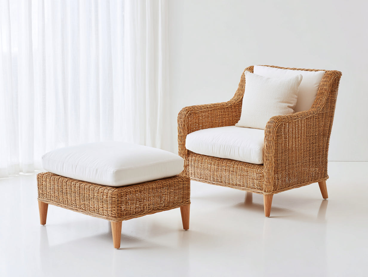 Fauteuil de jardin - Résine tressée-bois-tissu - 85x82x90 cm - Marron naturel-Blanc - Contemporain