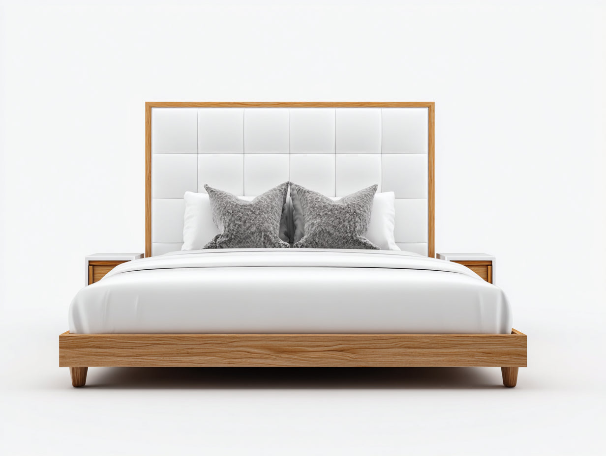 Lit double - bois-tissu - 200x180x115 cm - blanc-bois naturel - design moderne capitonné