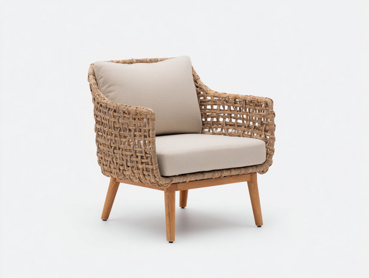 Fauteuil de jardin - Résine tressée-bois-tissu - 78x76x82 cm - Beige naturel-Beige clair - Contemporain