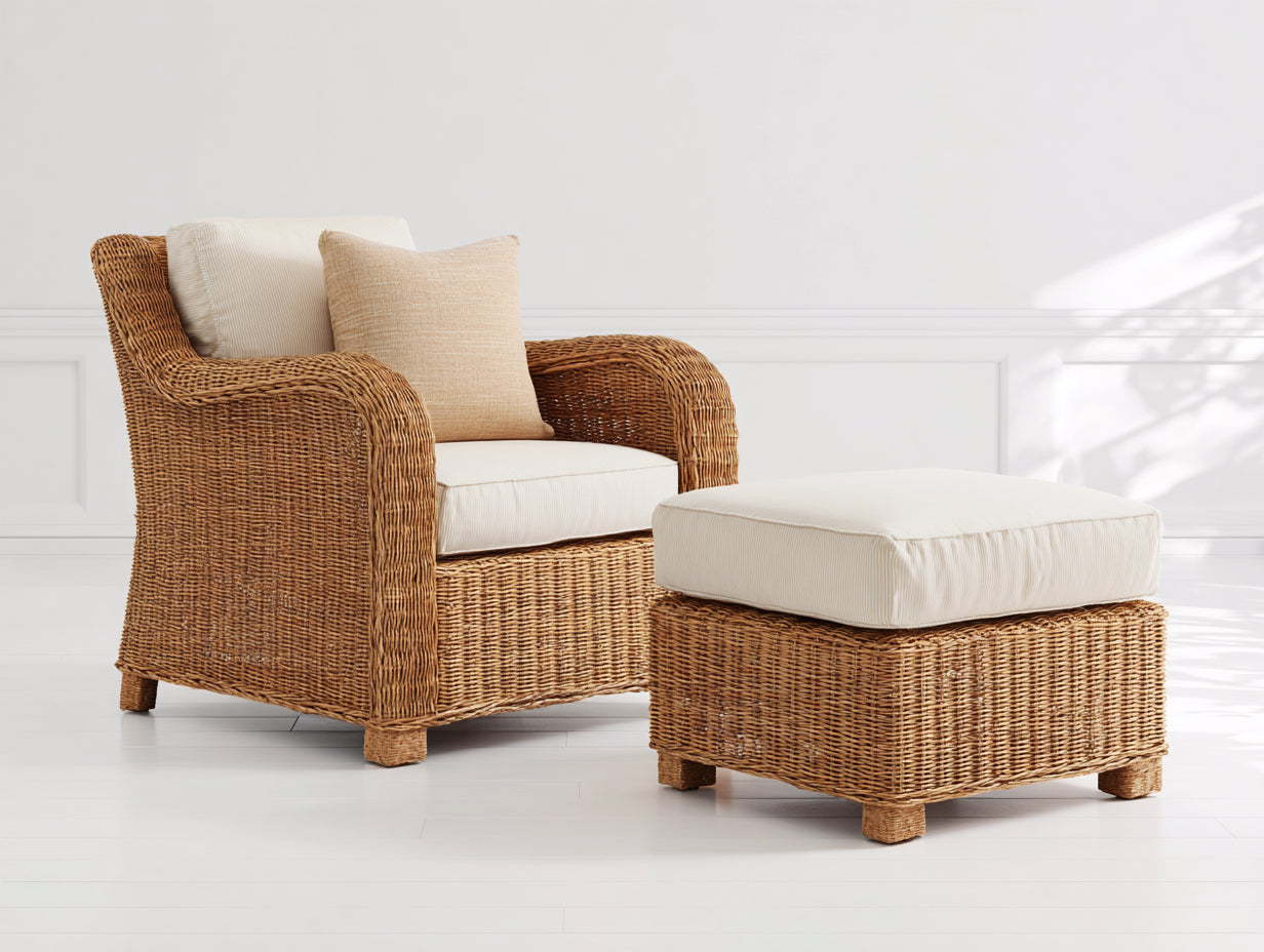 Fauteuil de jardin - Résine tressée-Tissu - 86x82x88 cm - Marron clair-Beige - Style naturel