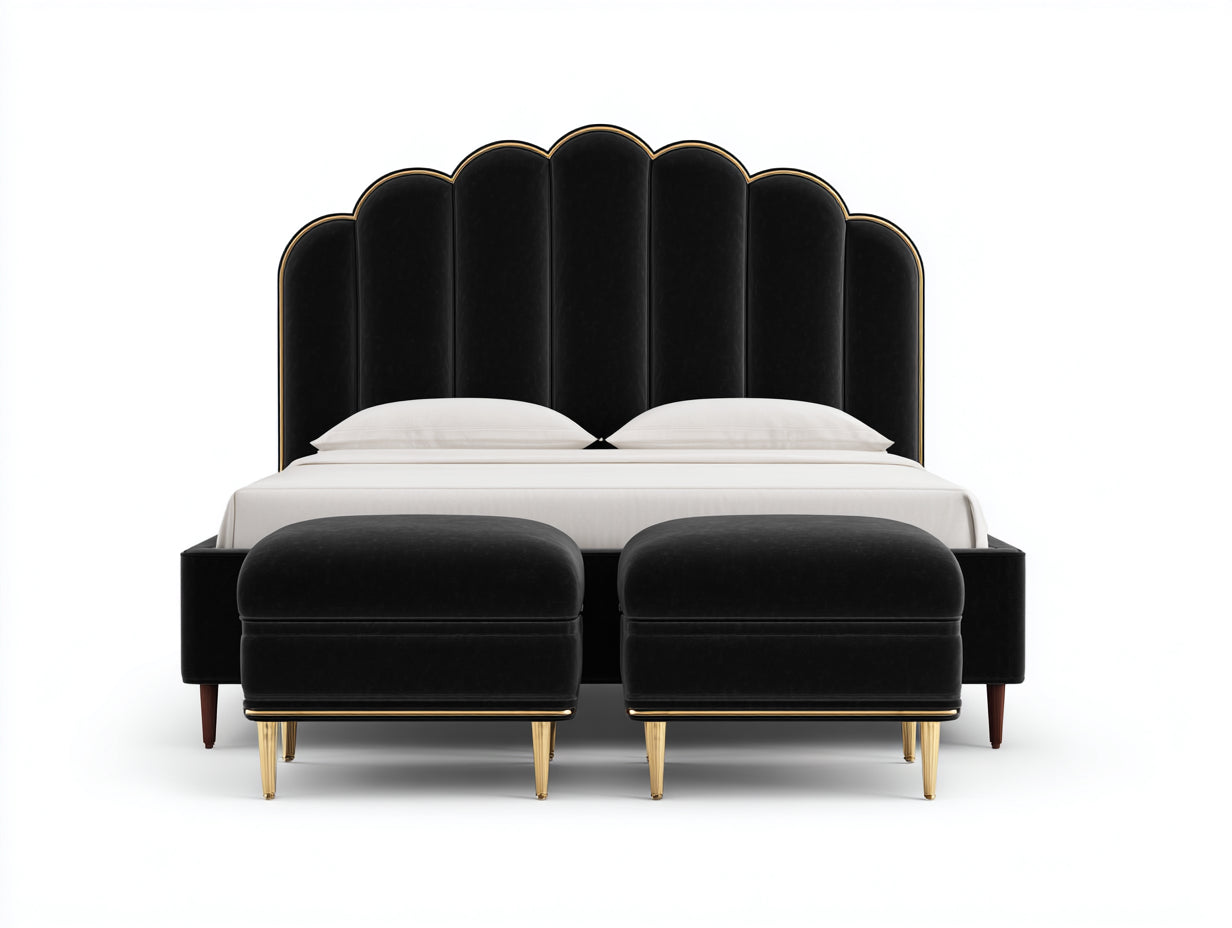 Lit double-Velours-Bois-212x182x132 cm-Noir-Déco art déco luxe