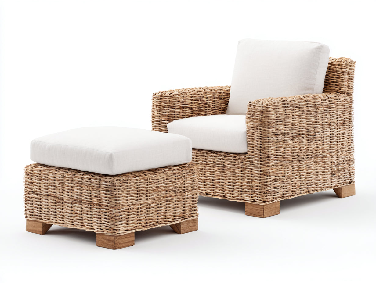 Fauteuil de jardin - Résine tressée-bois-tissu - 85x82x87 cm - Beige naturel-Blanc cassé - Contemporain